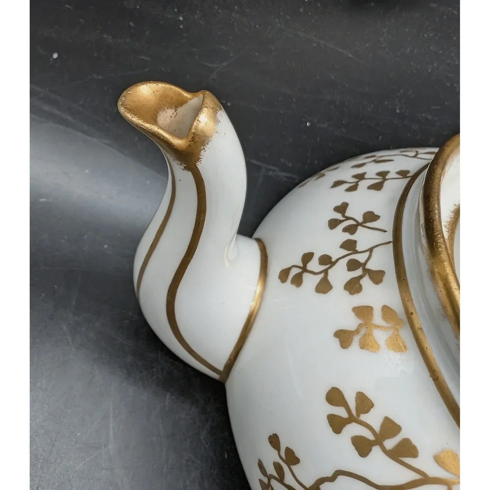 Antique Limoges Lycett France Gold Leaf Porcelain Teapot Sugar Creamer Set 3pc